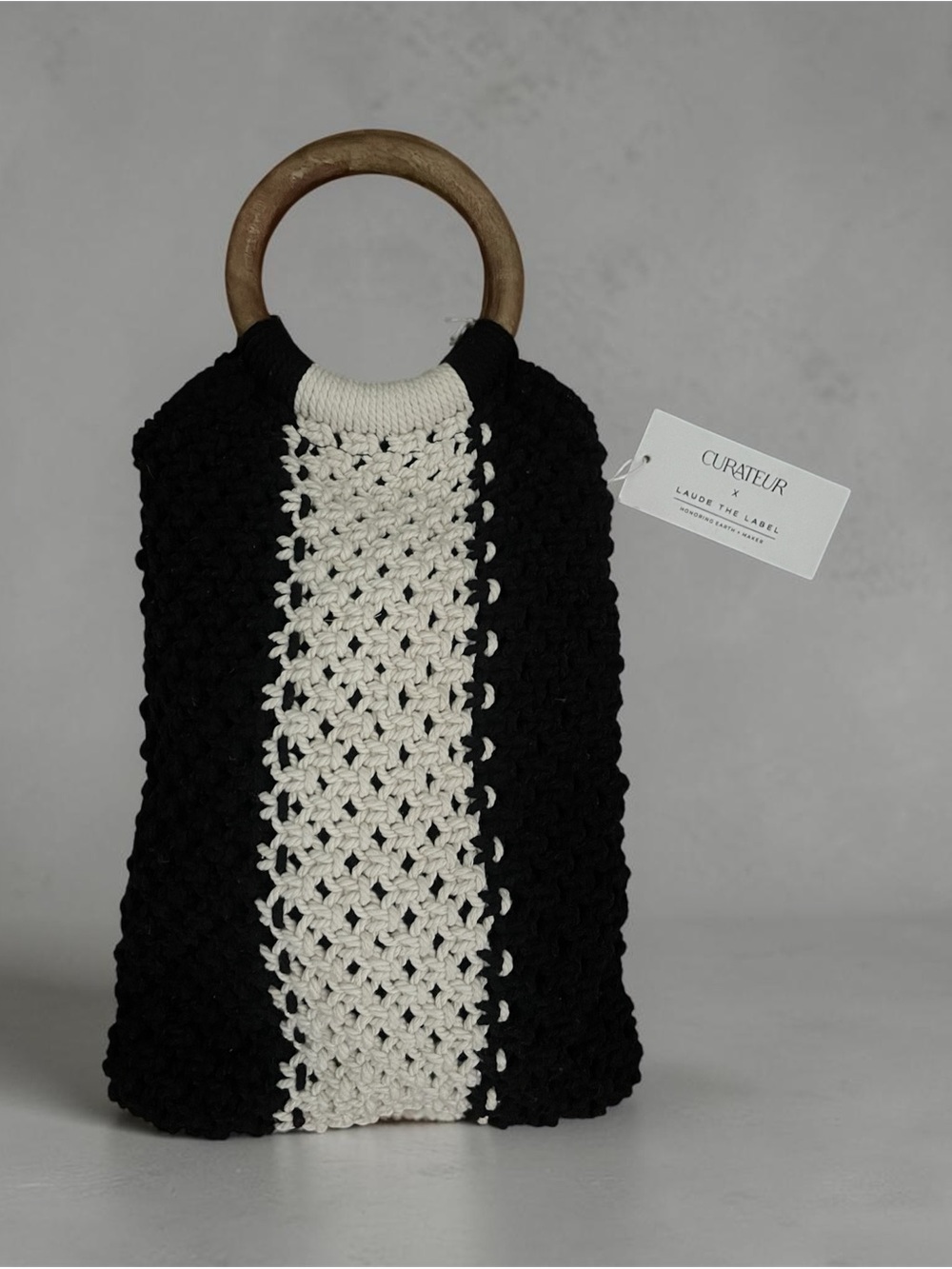NWT Curateur x Laude The Label Gabby Mini Macrame Bag Black and White Cotton